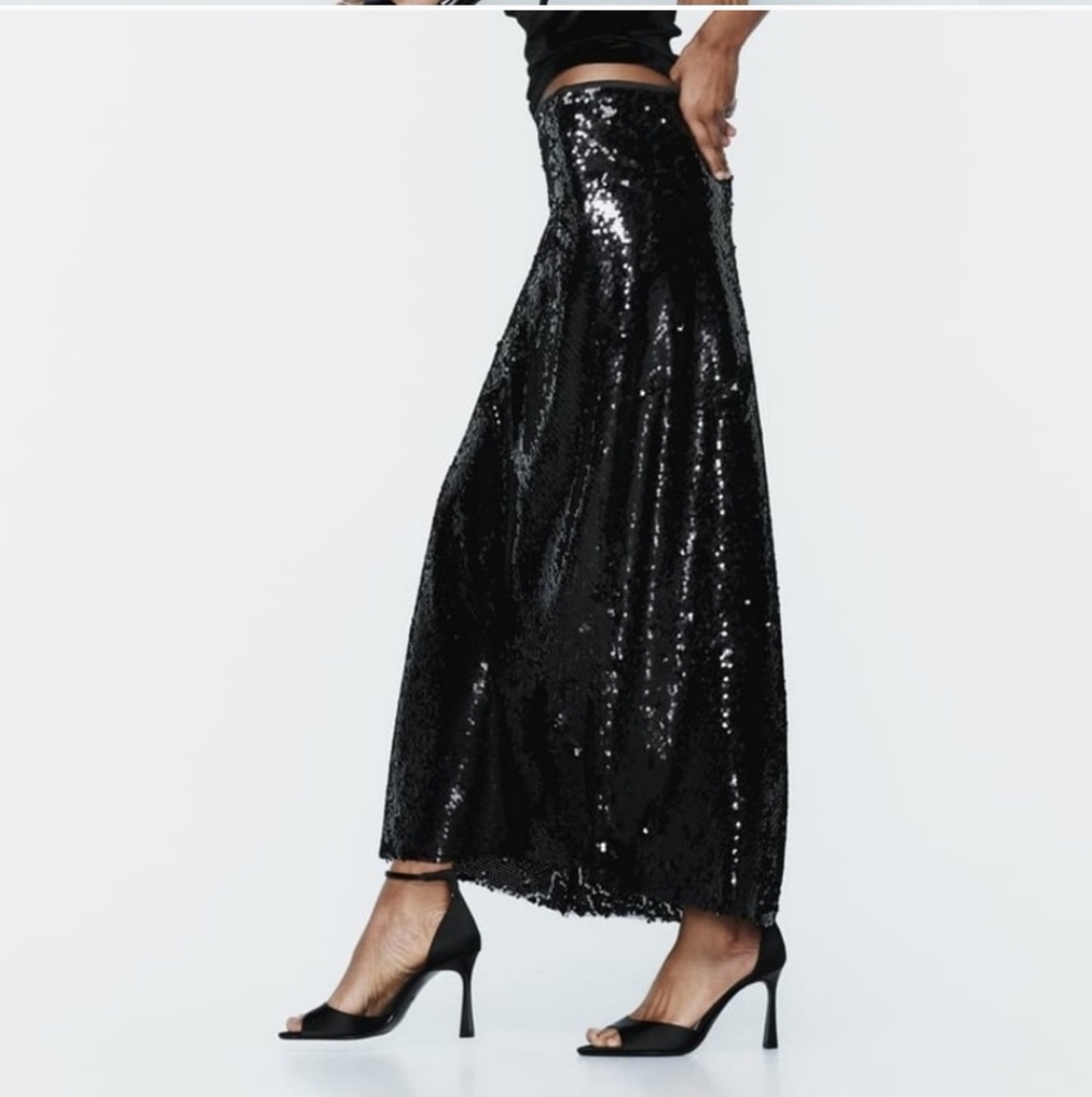 ZARA SEQUIN MIDI SKIRT size XS Black - Picture 8 of 13